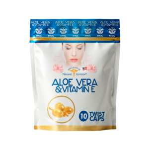 Empaque tipo doypack blanco con dorado y azul metalizado del producto aloe vera and vitamin e