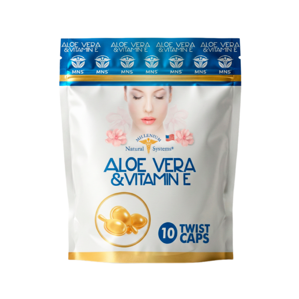 Empaque tipo doypack blanco con dorado y azul metalizado del producto aloe vera and vitamin e