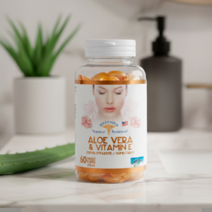 Frasco transparente con etiqueta blanca con dorado y tapa blanca del producto aloe vera and vitamin e con softgels doradas en su interior y fondo de meson de baño de marmol con sabila