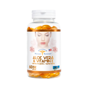 Frasco transparente con etiqueta blanca con dorado y tapa blanca del producto aloe vera and vitamin e