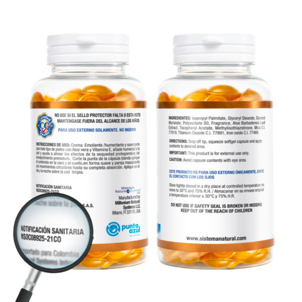Frasco transparente con etiqueta blanca con dorado y tapa blanca del producto Aloe vera and vitamin e mostrando la etiqueta de la parte trasera con una lupa resaltando la notificacion sanitaria