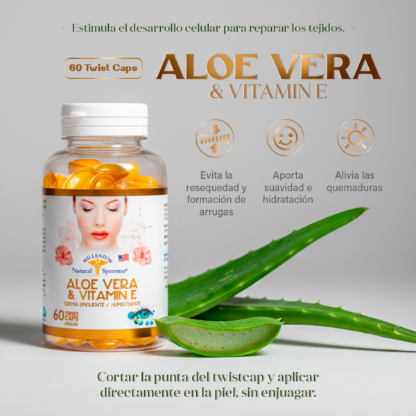 Frasco transparente con etiqueta blanca con dorado y tapa blanca del producto aloe vera and vitamin e atras hay una penca de sabila en un fondo gris de estudio con informacion del modo de uso estilo infografia de producto
