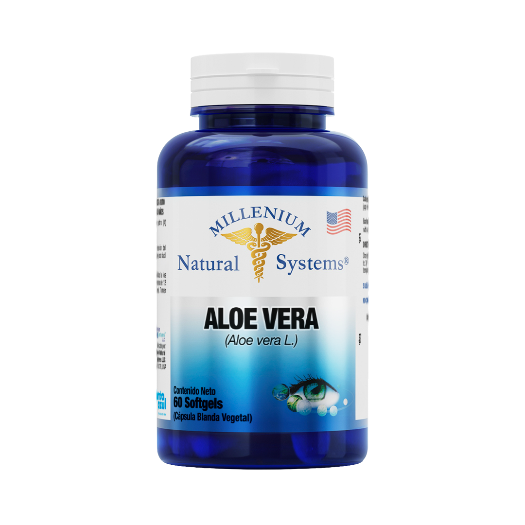 Frasco azul con tapa blanca de suplementos dietarios tiene una etiqueta blanca con metalizado del producto Aloe vera x 60 Softgels, de la marca Millenium Natural Systems con fondo blanco plano