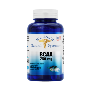 Frasco azul con tapa blanca de suplementos dietarios tiene una etiqueta blanca con metalizado del producto BCAA 750 mg x 120 Softgels, de la marca Millenium Natural Systems con fondo blanco plano