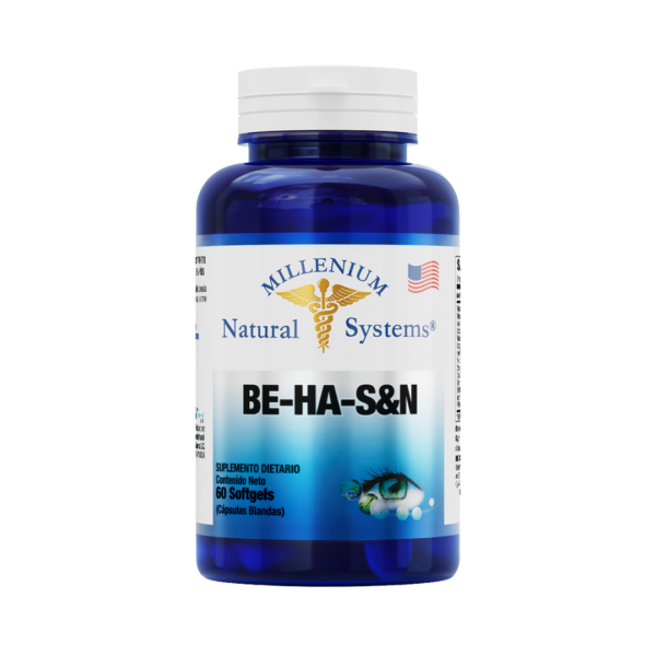 Infografia-BE-HA-S&N-x-60-SoftgelsX-60-SOFTGELS---FRASCO-FRONTAL-cuadrada-web Frasco azul con tapa blanca de suplementos dietarios tiene una etiqueta blanca con metalizado del producto BE-HA-S&N x 60 Softgels, de la marca Millenium Natural Systems con fondo blanco plano