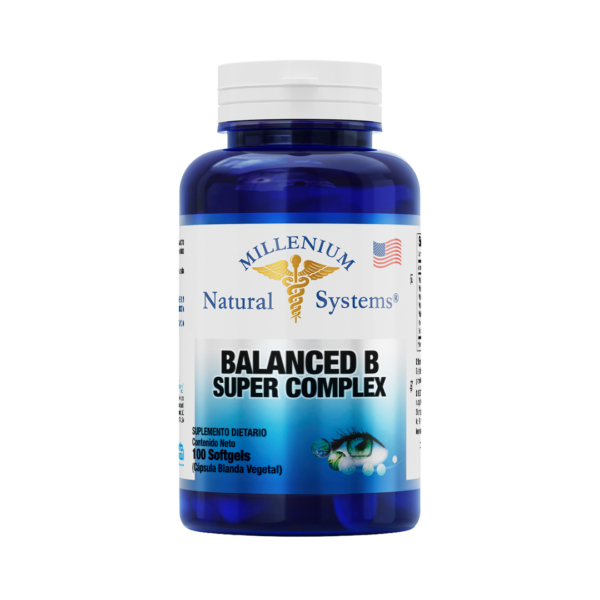 Frasco azul con tapa blanca de suplementos dietarios tiene una etiqueta blanca con metalizado del producto Balanced B Super Complex x 100 Softgels, de la marca Millenium Natural Systems con fondo blanco plano