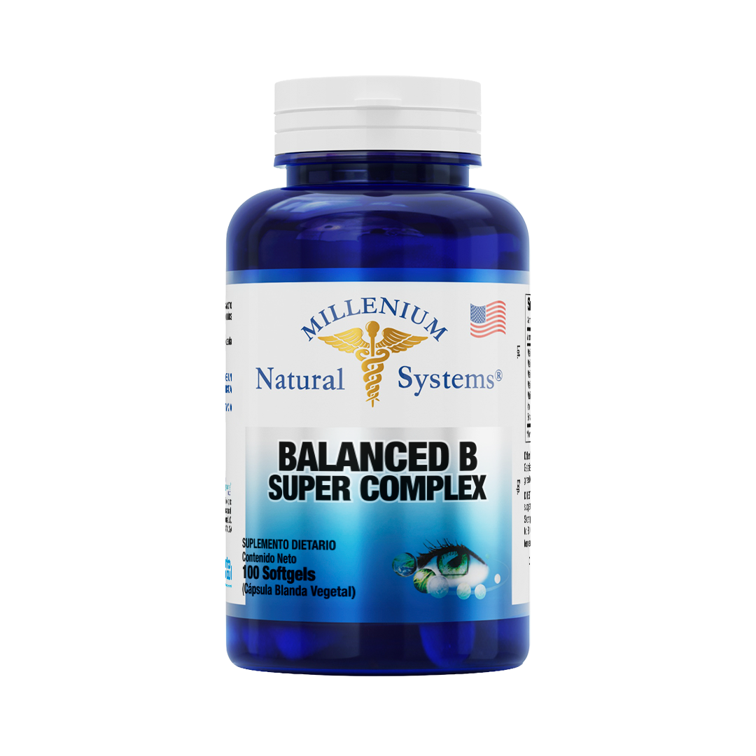 Frasco azul con tapa blanca de suplementos dietarios tiene una etiqueta blanca con metalizado del producto Balanced B Super Complex x 100 Softgels, de la marca Millenium Natural Systems con fondo blanco plano