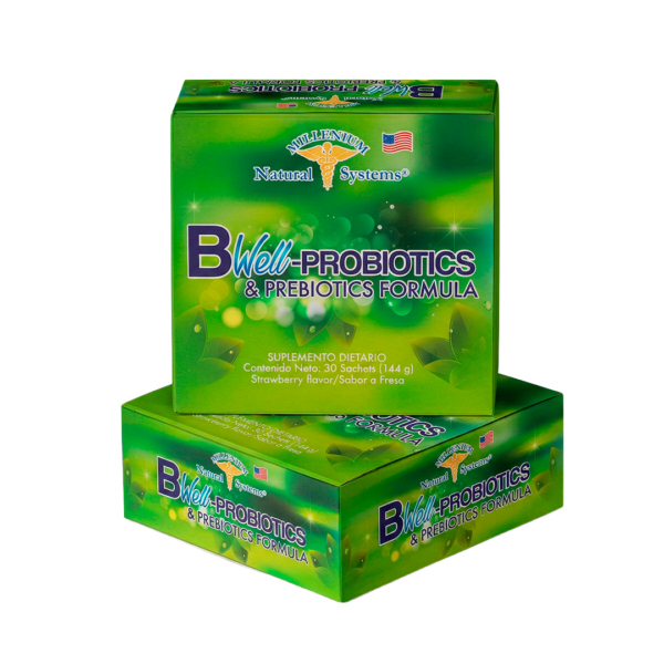 Caja de suplemento dietario Bwell Probiotics & Prebiotics Formula de Millenium Natural Systems, sabor fresa, presentación de 30 sachets, empaque verde con diseño natural enfocado en salud digestiva y equilibrio intestinal.