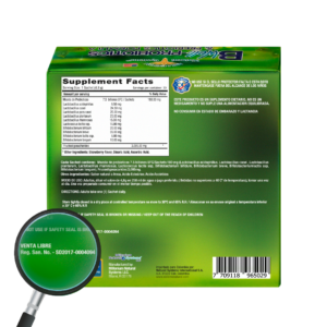 Parte trasera de la caja Bwell Probiotics & Prebiotics Formula de Millenium Natural Systems con tabla Supplement Facts, ingredientes, modo de uso, advertencias, registro sanitario INVIMA y código de barras en empaque verde.