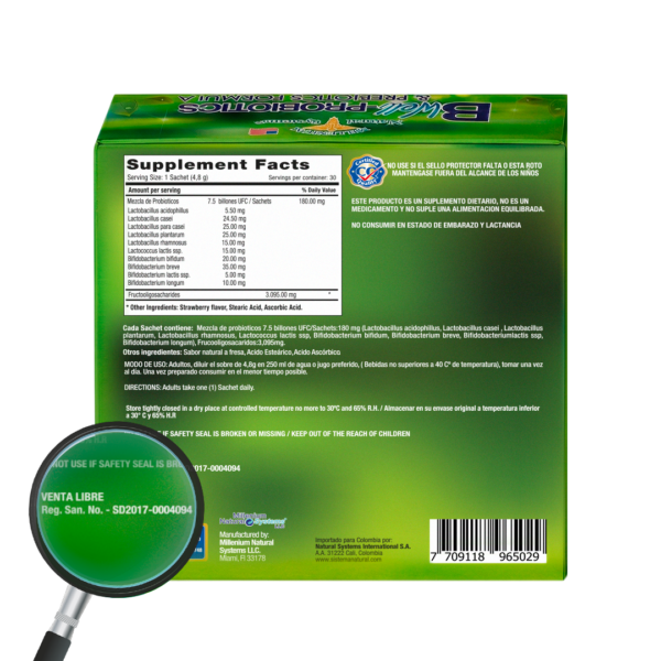 Parte trasera de la caja Bwell Probiotics & Prebiotics Formula de Millenium Natural Systems con tabla Supplement Facts, ingredientes, modo de uso, advertencias, registro sanitario INVIMA y código de barras en empaque verde.