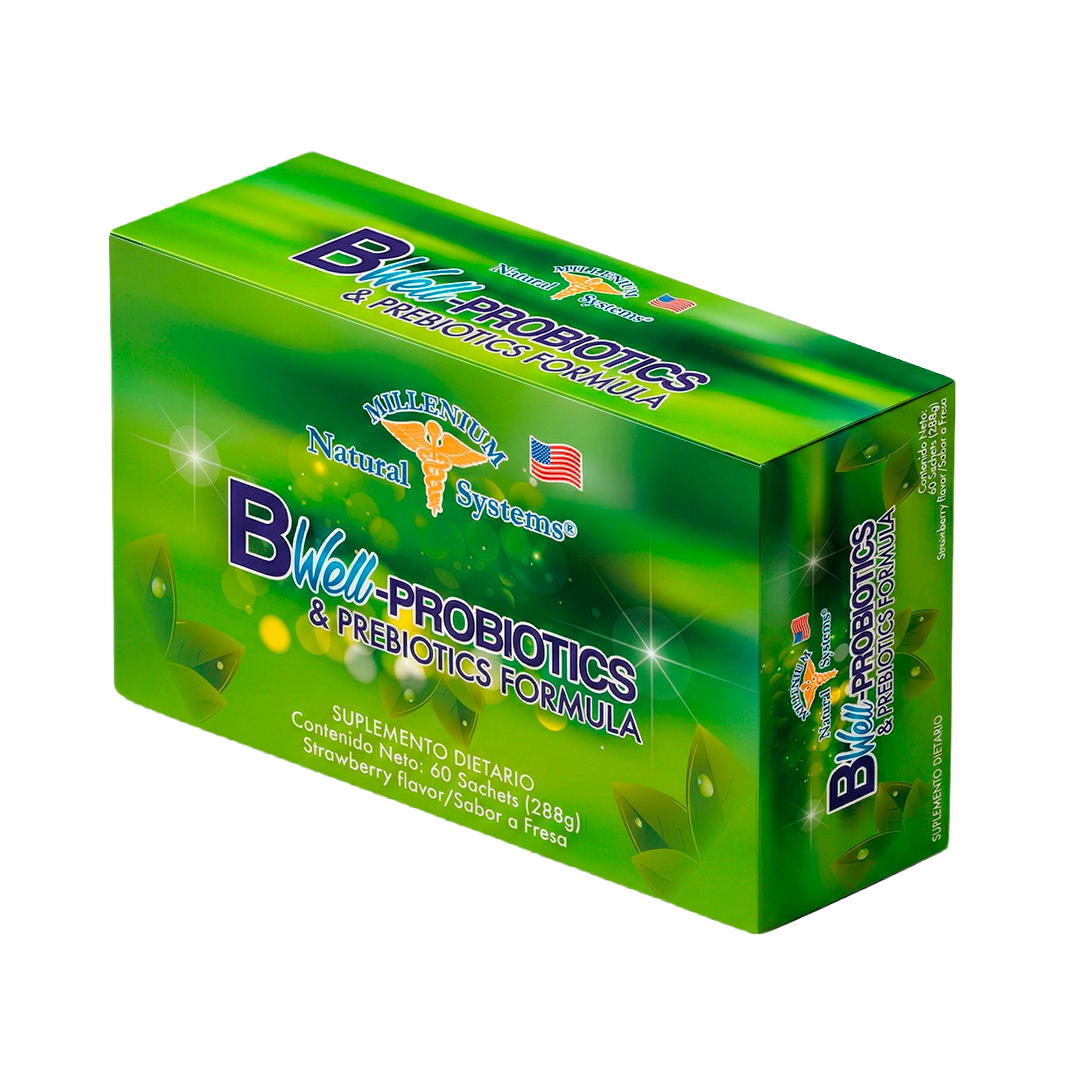 Caja de suplemento dietario Bwell Probiotics & Prebiotics Formula de Millenium Natural Systems, sabor fresa, presentación de 60 sachets, empaque verde con diseño natural enfocado en salud digestiva y equilibrio intestinal.