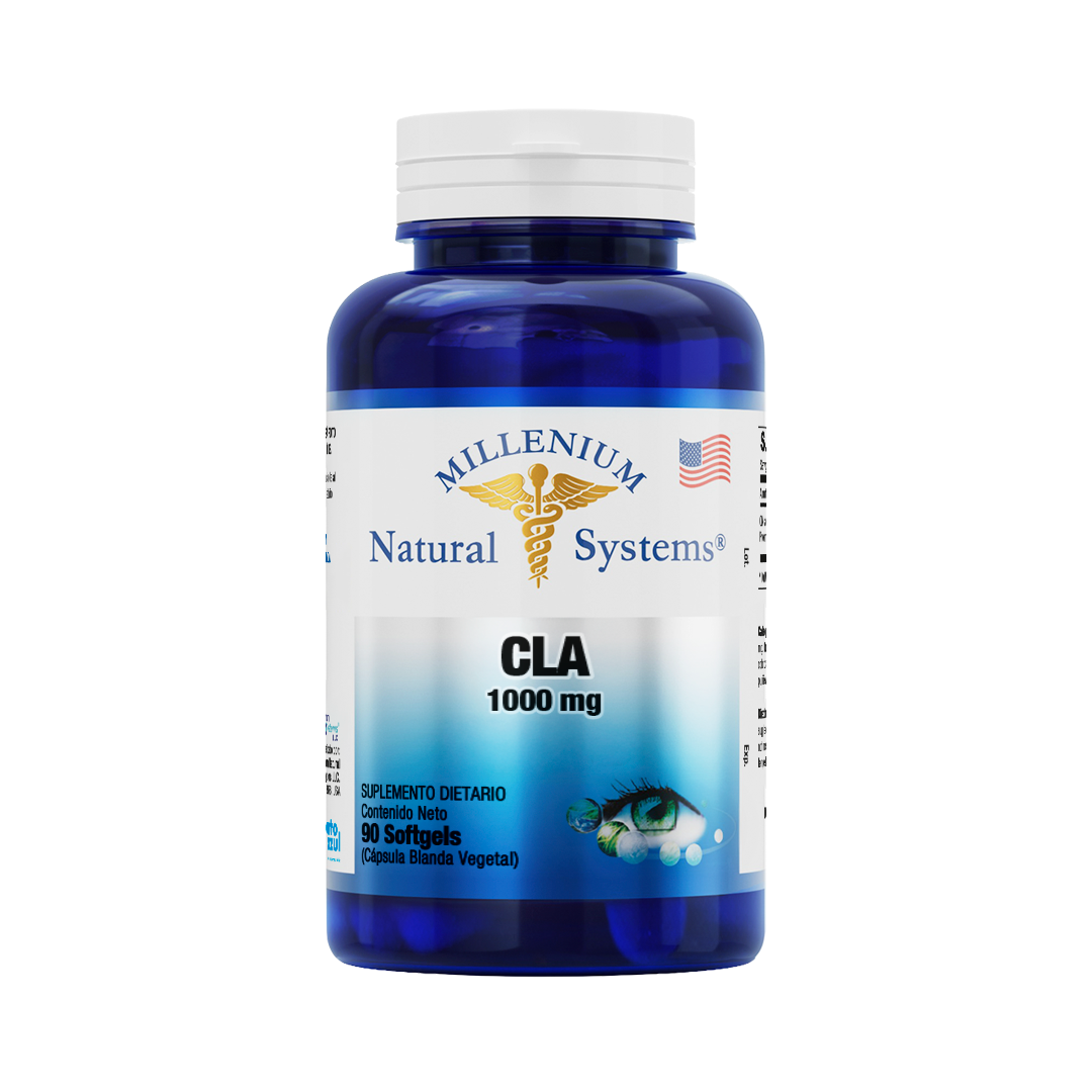 Frasco azul con tapa blanca de suplementos dietarios tiene una etiqueta blanca con metalizado del producto CLA 1000 mg x 90 Softgels, de la marca Millenium Natural Systems con fondo blanco plano