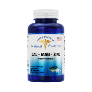 Frasco azul con tapa blanca de suplementos dietarios tiene una etiqueta blanca con metalizado del producto Cal Mag Zinc Plus Vitamin D x 60 Softgels, de la marca Millenium Natural Systems con fondo blanco plano