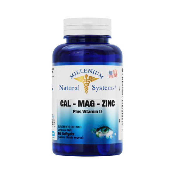 Infografia-Cal-Mag-Zinc-Plus-Vitamin-D-x-100-Softgels-x-60-Softgels-FRASCO-FRONTAL-cuadrada-web Frasco azul con tapa blanca de suplementos dietarios tiene una etiqueta blanca con metalizado del producto Cal Mag Zinc Plus Vitamin D x 60 Softgels, de la marca Millenium Natural Systems con fondo blanco plano