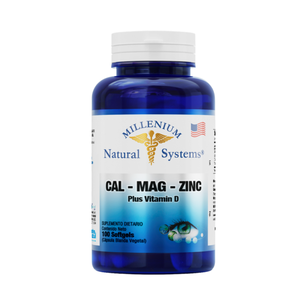 Frasco azul con tapa blanca de suplementos dietarios tiene una etiqueta blanca con metalizado del producto Cal Mag Zinc Plus Vitamin D x 100 Softgels, de la marca Millenium Natural Systems con fondo blanco plano