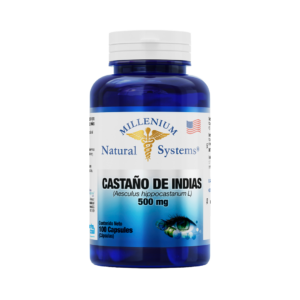 Frasco azul con tapa blanca de suplementos dietarios tiene una etiqueta blanca con metalizado del producto Castaño De Indias 500 mg x 100 Cápsulas , de la marca Millenium Natural Systems con fondo blanco plano