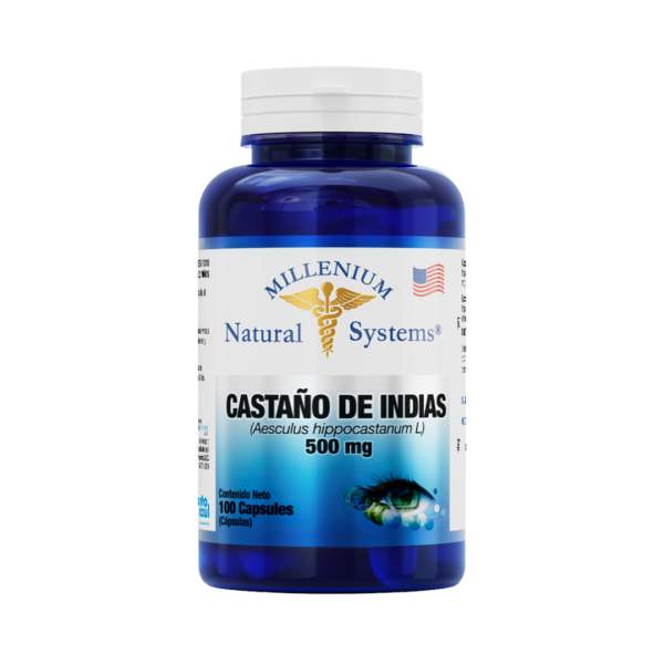 Frasco azul con tapa blanca de suplementos dietarios tiene una etiqueta blanca con metalizado del producto Castaño De Indias 500 mg x 100 Cápsulas , de la marca Millenium Natural Systems con fondo blanco plano