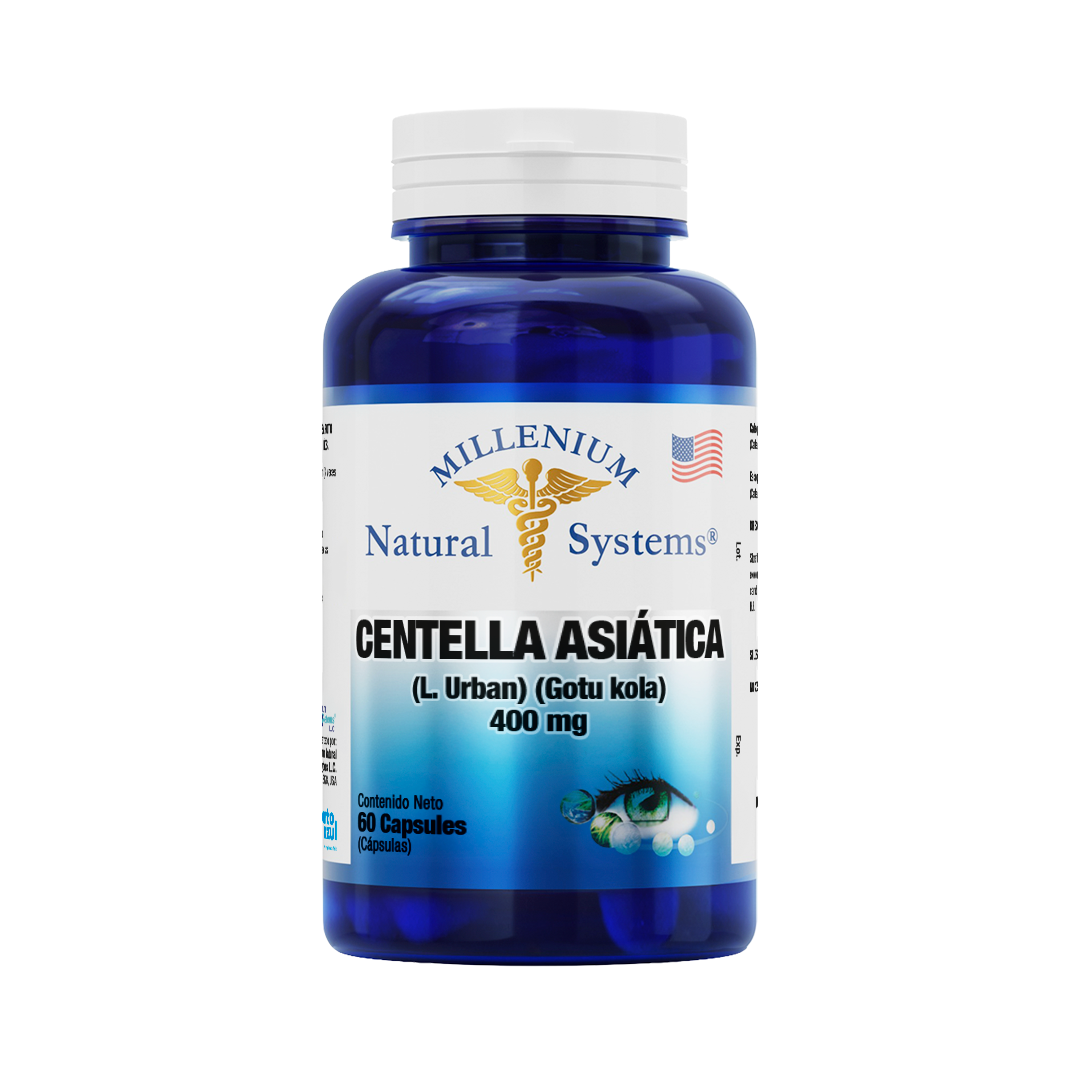 Frasco azul con tapa blanca de suplementos dietarios tiene una etiqueta blanca con metalizado del producto Centella Asiática 400 mg x 60 cápsulas , de la marca Millenium Natural Systems con fondo blanco plano
