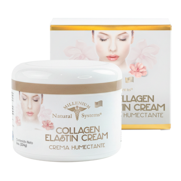 Frasco y caja blancos con dorado del producto collagen elastin cream en fondo blanco