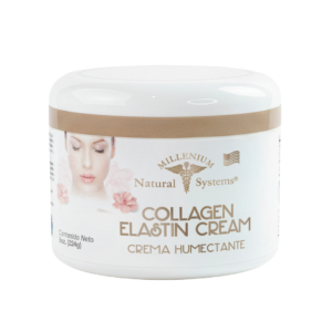 Frasco blanco con dorado e impresion de collagen elastin cream crema humectante en fondo blanco
