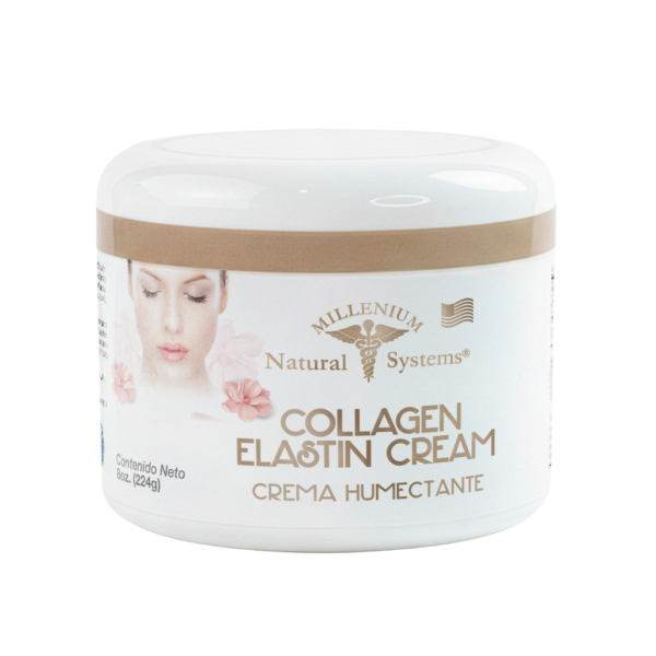 Frasco blanco con dorado e impresion de collagen elastin cream crema humectante en fondo blanco