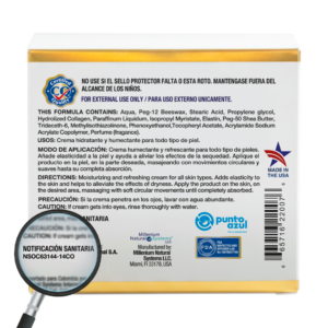 Detalle de la etiqueta en la parte posterior de la caja blanca con dorado del frasco de collagen elastin cream con una lupa que incluye su notificacion sanitaria