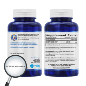Etiqueta posterior de Colágeno y Vitamina C. Muestra la tabla con 1480 mg de colágeno y 30 mg de vitamina C por cápsula, instrucciones de uso para adultos, y resalta con una lupa el Registro Sanitario SD2014-0003176.