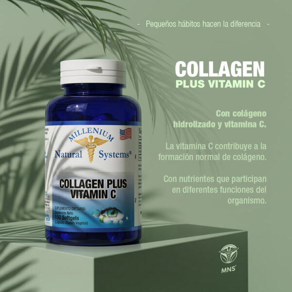 Infografía del suplemento Collagen Plus Vitamin C de Millenium Natural Systems. Muestra el frasco de 100 cápsulas y destaca que contiene colágeno hidrolizado y vitamina C, la cual contribuye a la formación normal de colágeno. Frasco azul de suplemento dietario Collagen Plus Vitamin C de Millenium Natural Systems, presentación de 100 cápsulas blandas.