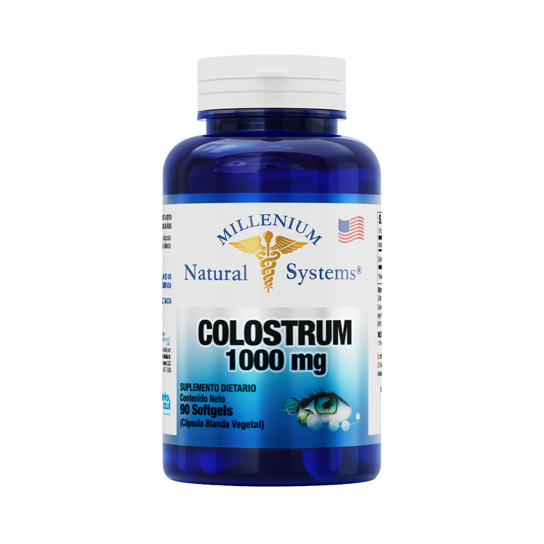 Frasco azul con tapa blanca de suplementos dietarios tiene una etiqueta blanca con metalizado del producto Colostrum 1000 mg x 90 Softgels, de la marca Millenium Natural Systems con fondo blanco plano