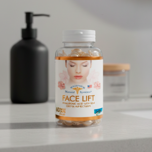 Un frasco transparente con tapa blanca y etiqueta blanca con dorado en un meson de baño de marmol gris con fondo de baño elegante