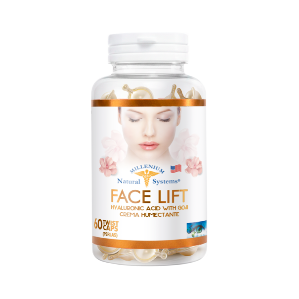 Frasco transparente con etiqueta blanca con dorado y tapa blanca del producto face lift