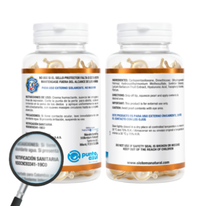 2 frascos vistos desde atrás mostrando en su etiqueta las indicaciones para su uso y notificacion sanitaria en una lupa el fondo es blanco