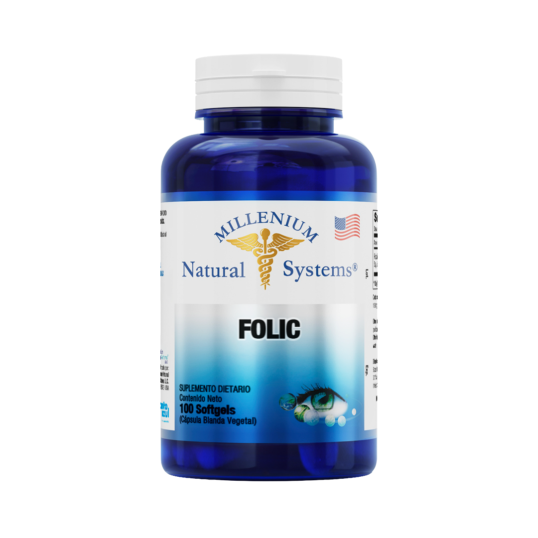 Frasco azul con tapa blanca de suplementos dietarios tiene una etiqueta blanca con metalizado del producto Folic x 100 Softgels, de la marca Millenium Natural Systems con fondo blanco plano