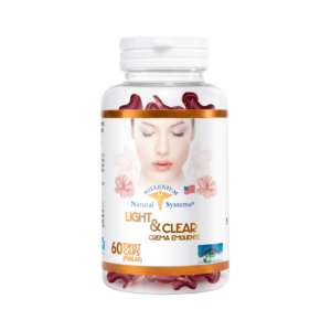 Frasco transparente con etiqueta blanca con dorado y tapa blanca del producto light and clear