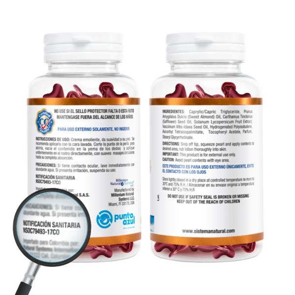 Frasco transparente con etiqueta blanca con dorado y tapa blanca del producto light and clear mostrando la etiqueta de la parte trasera con una lupa resaltando la notificacion sanitaria