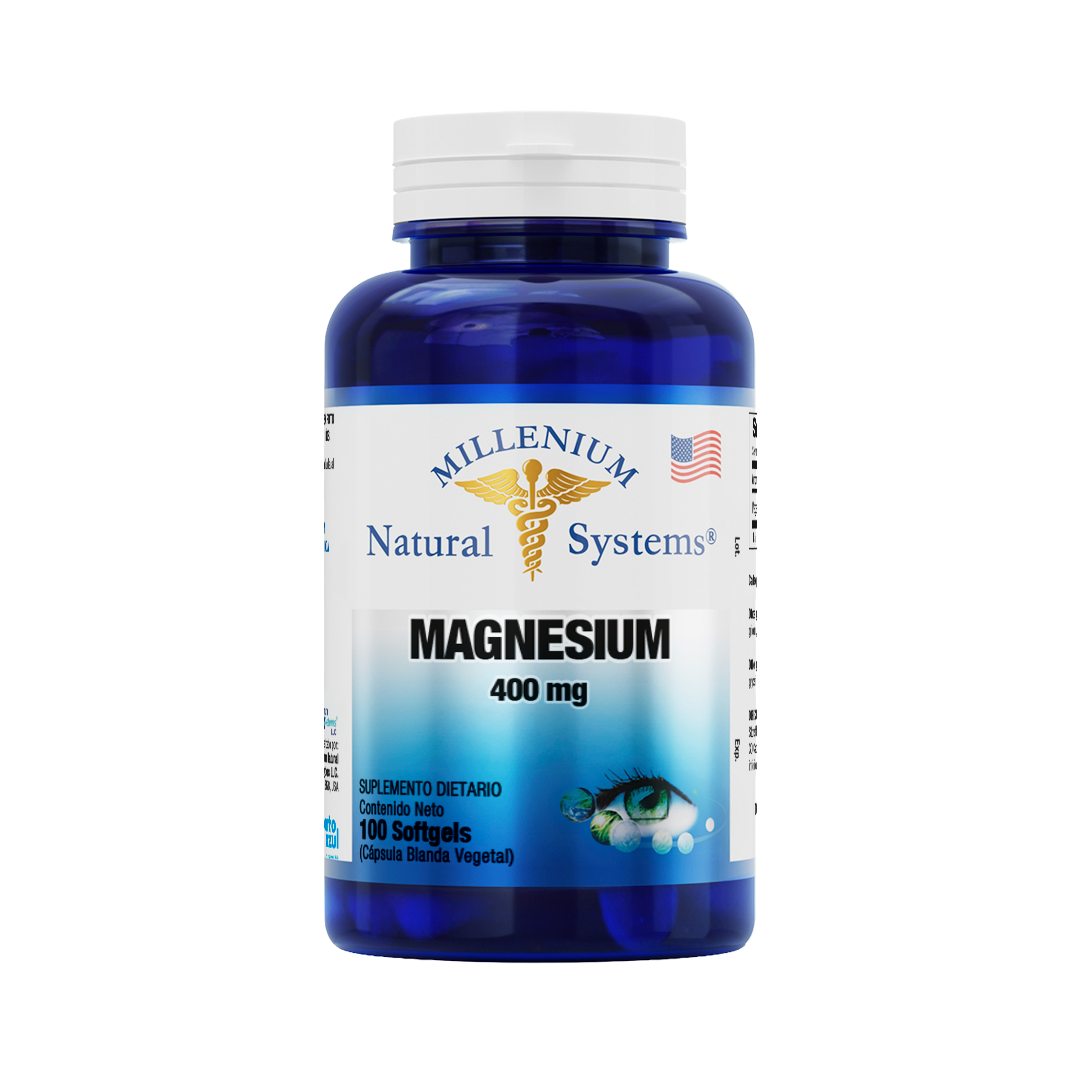Frasco azul con tapa blanca de suplementos dietarios tiene una etiqueta blanca con metalizado del producto Magnesium 400 mg x 100 Softgels, de la marca Millenium Natural Systems con fondo blanco plano