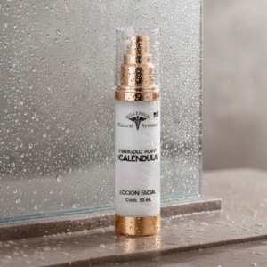 Frasco blanco con dorado e impresion negra de marigold locion calendula en una superficie de baño con un vidrio empapado detras y apariencia humeda