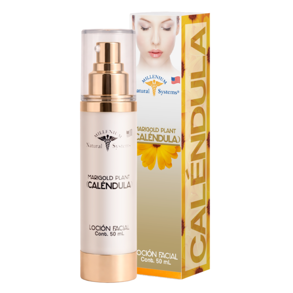 Infografia-Marigold-Plant-Caléndula-Loción-50-ml-y-Caléndula-Gel-Serum-100-mlFRASCO-FRONTAL-cuadrada-web Frasco blanco con dorado e impresion negra de marigold locion calendula con su respectiva caja dorada detras y fondo blanco plano de estudio