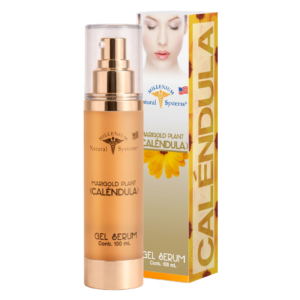 Frasco beige con dorado e impresion negra de marigold gel calendula con su respectiva caja dorada detras y fondo blanco plano de estudio