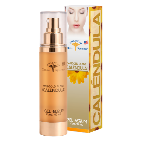 Frasco beige con dorado e impresion negra de marigold gel calendula con su respectiva caja dorada detras y fondo blanco plano de estudio