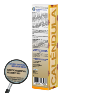 Caja vertical dorada de marigold gel calendula mostrando la parte trasera con la informacion del registro sanitario y una lupa con la notificacion sanitaria y fondo blanco plano de estudio