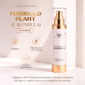 Frasco blanco con dorado e impresion negra de marigold locion calendula y fondo blanco de estudio con sombras mostrando informacion del producto tipo infografia