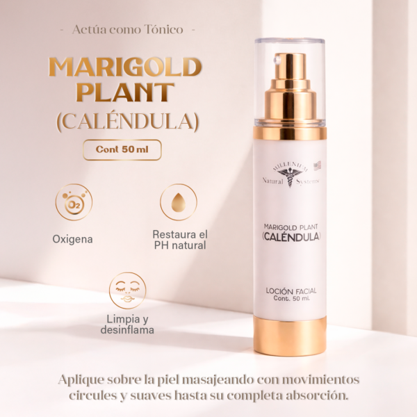 Frasco blanco con dorado e impresion negra de marigold locion calendula y fondo blanco de estudio con sombras mostrando informacion del producto tipo infografia