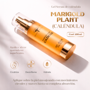 Frasco beige con dorado e impresion negra de marigold gel calendula y fondo blanco de estudio con sombras mostrando informacion del producto tipo infografia