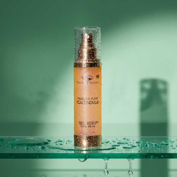 Frasco beige con dorado e impresion negra de marigold gel calendula en una superficie de baño verde con un vidrio empapado abajo y apariencia humeda