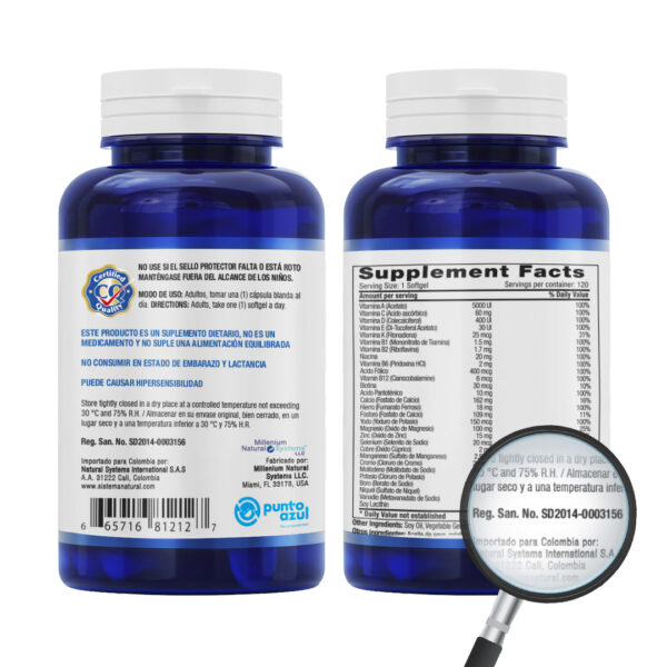 Frasco azul translúcido con tapa blanca del suplemento Mitrum Vit Multivitamin & Minerals Formula de la marca Millenium Natural Systems, 120 softgels.