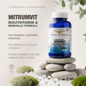 Infografía del suplemento Mitrumvit Multivitamin and Minerals Formula. Muestra un frasco azul de 120 cápsulas blandas sobre piedras decorativas. El texto destaca que contiene vitaminas A, C, D, E, K, complejo B, y minerales como zinc, magnesio, hierro y calcio.