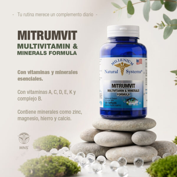 Infografía del suplemento Mitrumvit Multivitamin and Minerals Formula. Muestra un frasco azul de 120 cápsulas blandas sobre piedras decorativas. El texto destaca que contiene vitaminas A, C, D, E, K, complejo B, y minerales como zinc, magnesio, hierro y calcio.