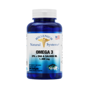Frasco azul con tapa blanca de suplementos dietarios tiene una etiqueta blanca con metalizado del producto Omega 3 EPA + DHA 1300 mg 100 Softgels, de la marca Millenium Natural Systems con fondo blanco plano