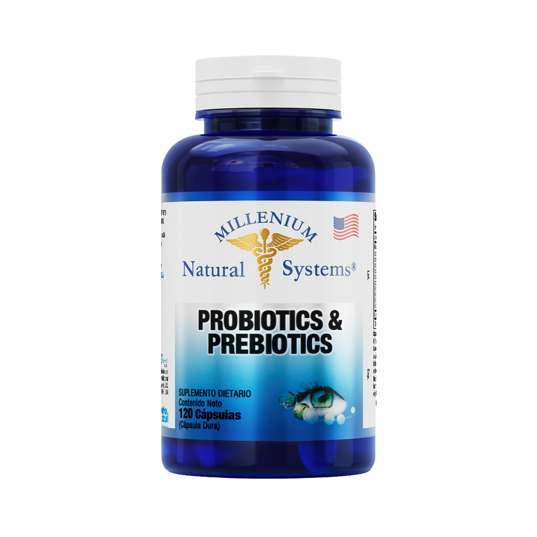 Frasco azul con tapa blanca de suplementos dietarios tiene una etiqueta blanca con metalizado del producto Probiotics & Prebiotics x 120 Cápsulas, de la marca Millenium Natural Systems con fondo blanco plano